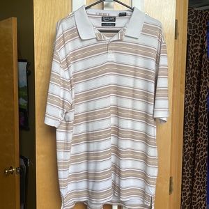 Golf shirt white with rust brown stripes.